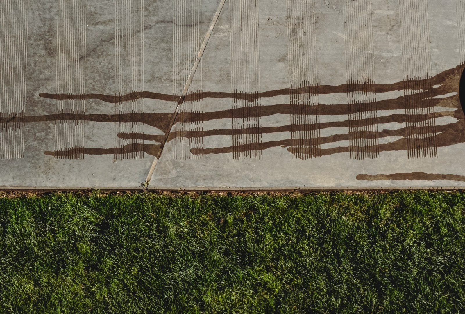 A broom-finished concrete walk meeting close-cut turf, seen from above.